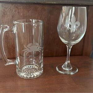 Set/2 Glass 21oz Beer And 16oz Wine Goblet Etched Glasses. NEW